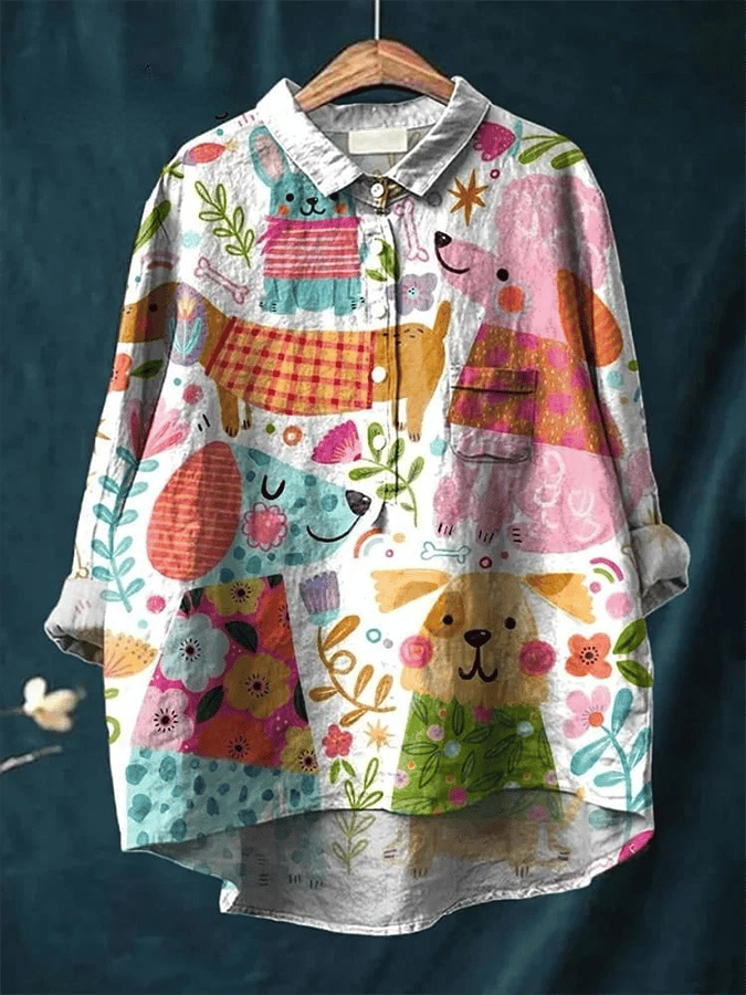 Womens Puppy Print Casual Cotton And Linen Shirt