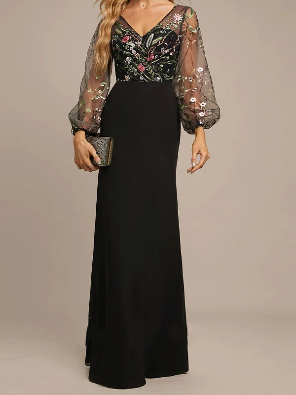 V-neck embroidered floor-length chiffon and lace evening dress