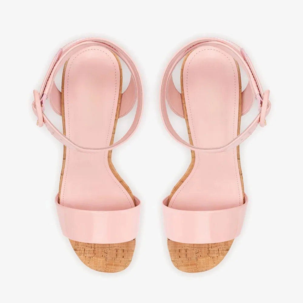 Patent Leather Round Toe Chunky Heel Wide Strap Platform Pink Sandals