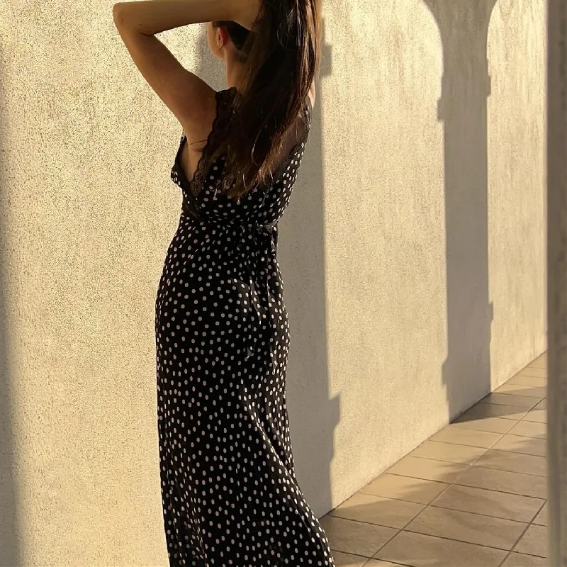 Uveng Uveng Summer New Sexy Temperament Lace Splice Wave Dot High Waist Slim Dress Dress