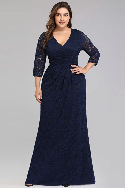 Navy Half Sleeve Lace Mermaid Plus Size Dress