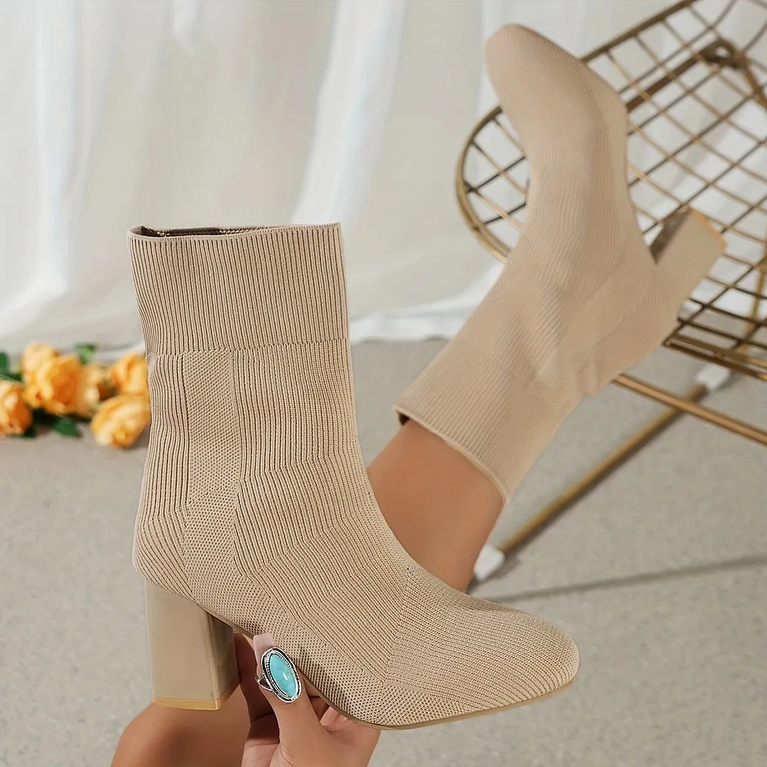 Breakj Breakj Boots 2025 New Autumn/Winter Sharp Head Weaving Big Size Women's Boots Coarse High Heel Middle-T-Big-Hee Thin-Skinned Socks Boots