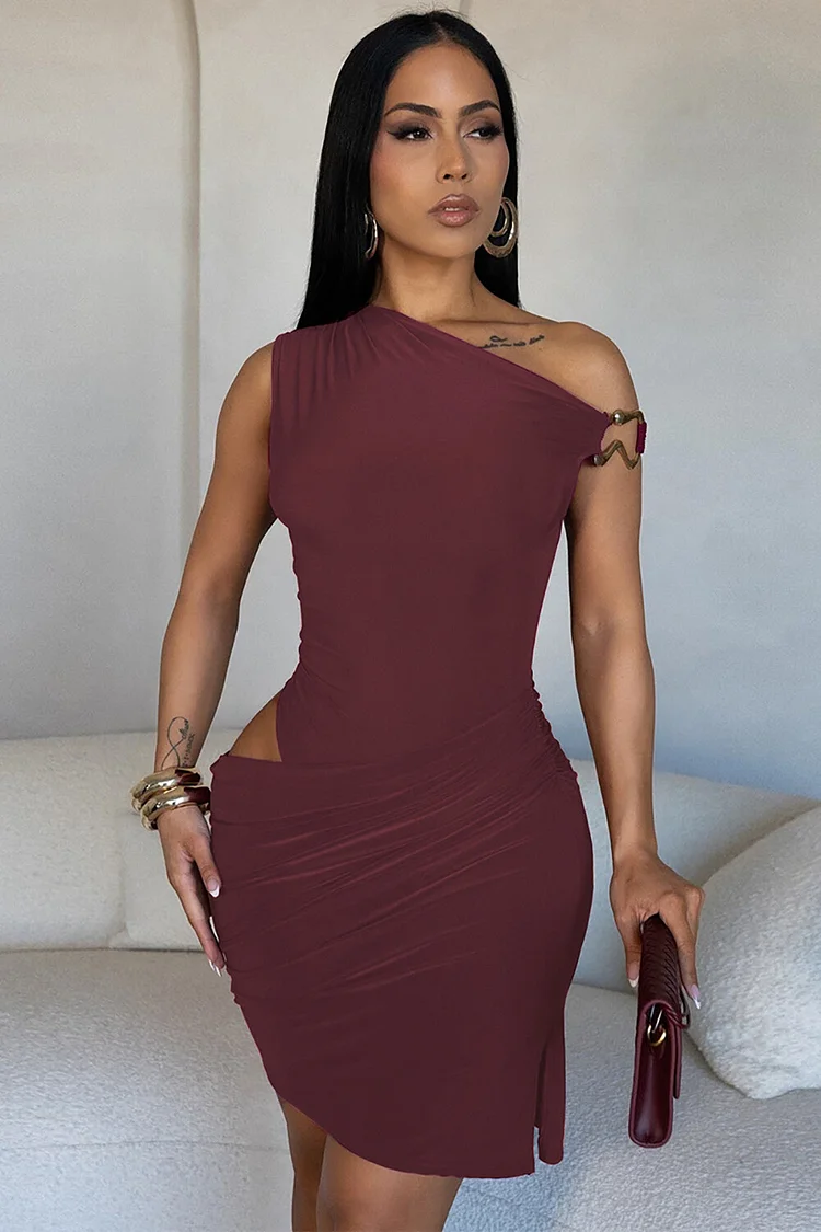 Skew Neck Off Shoulder Cutout Ruched Bodycon Mini Dresses-Burgundy