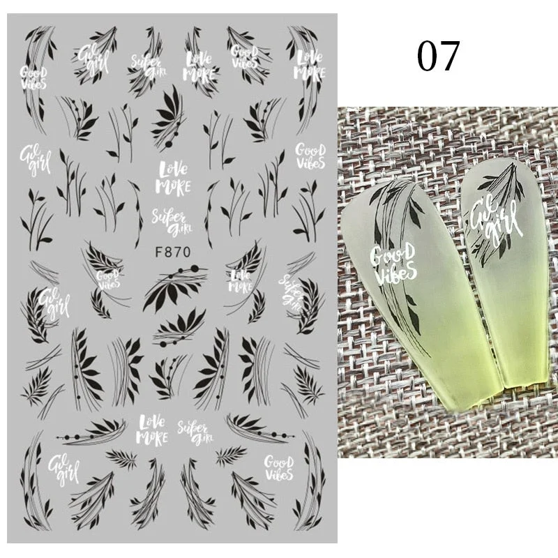 1Pc Black White French 3D Nail Sticker Hollow Painting Nail Trasnfer Sliders Manicure Butterfly Star Heart Pattern Nail Decor-Nail Inspo