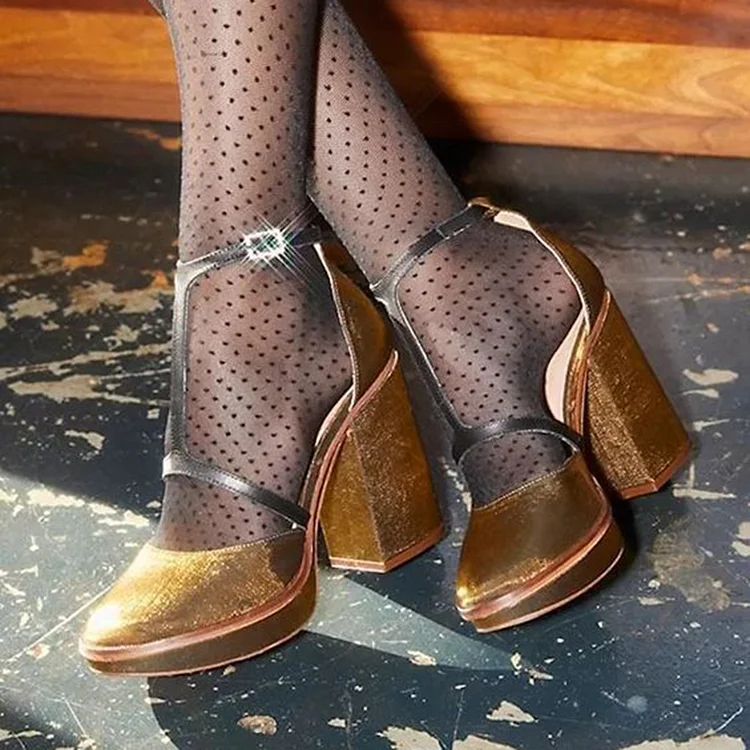 Yellow Platform Chunky Heel Elegant Almond Toe Pump Mary Jane Shoes |FSJ Shoes