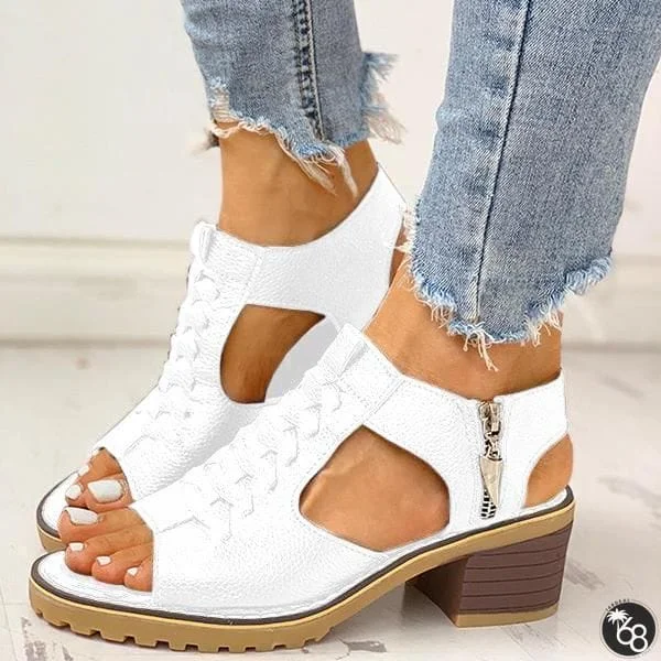 Peep Toe Cutout Zipper Chunky Heeled Sandals | 168DEAL