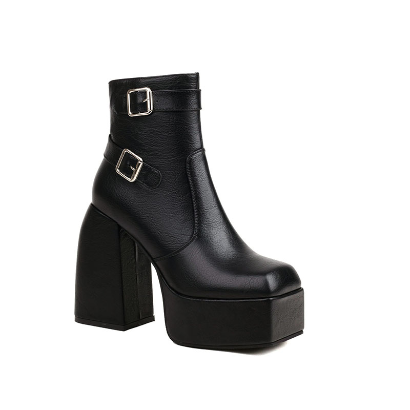GOOSHOE Ankle Double Row Belt Buckle Boots High Thick Heel Platform Side Zipper Short Boots