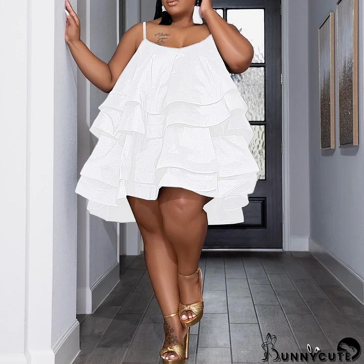 Plus Size Women Suspenders Cascading Ruffles Dress
