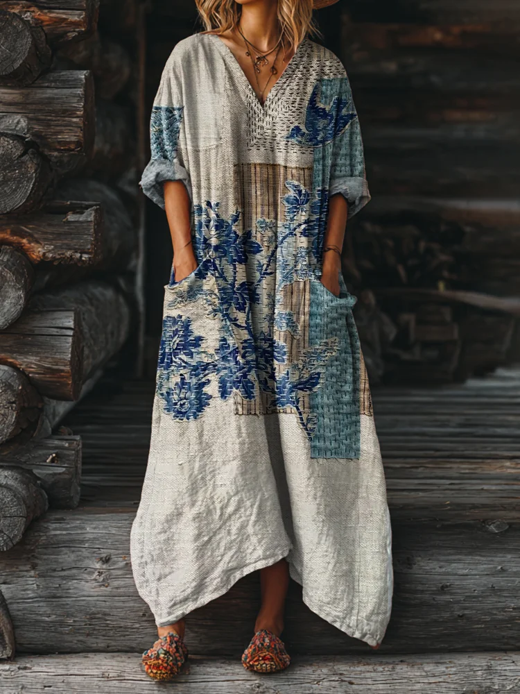 Floral Patchwork Pattern Art Print Pocket V-neck Cotton Dress