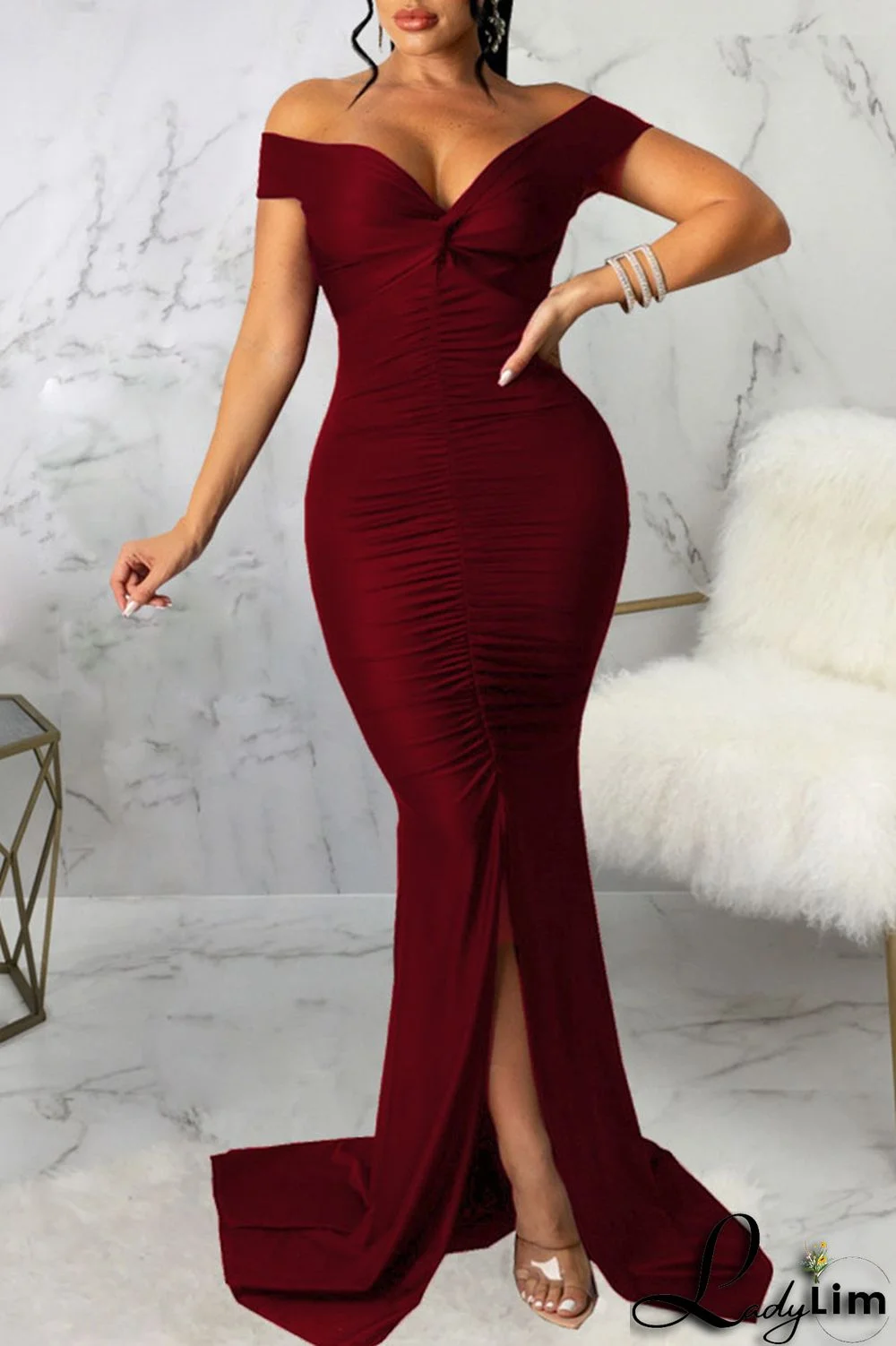 Burgundy Sexy Elegant Solid Split Joint Slit Fold V Neck Straight Dresses