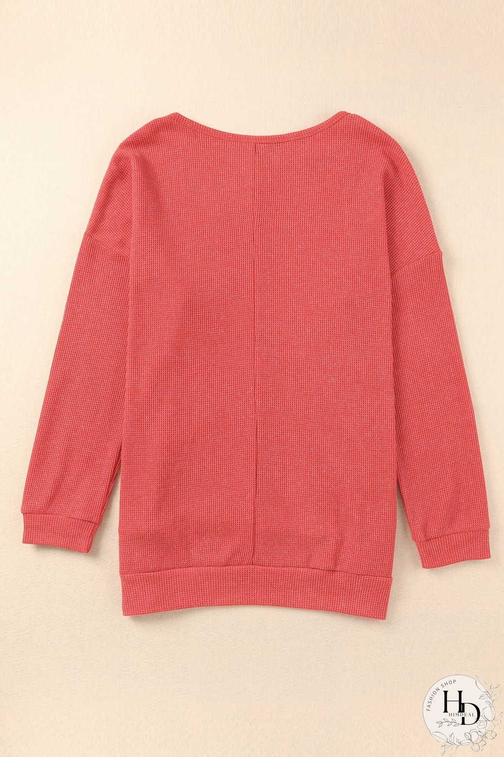 Washed Red Waffle Knit Side Slit Long Sleeve Top