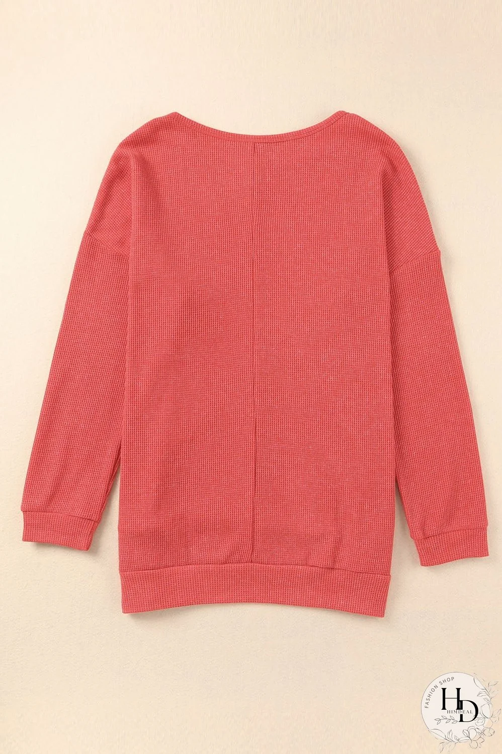 Washed Red Waffle Knit Side Slit Long Sleeve Top