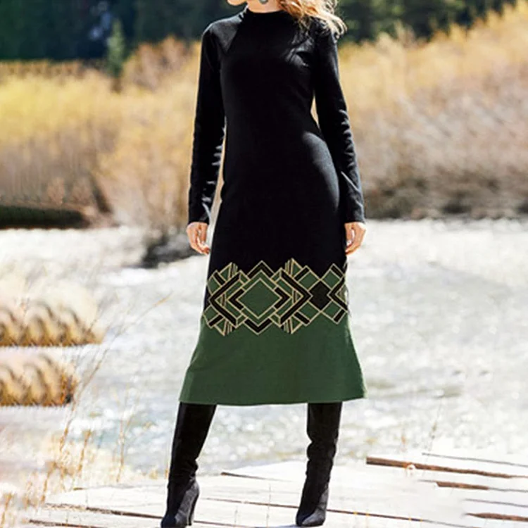 Utbros Retro Geometric Contrast Pattern Slim Fit Wool Midi Dress