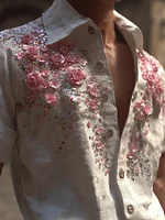 Bohemian Style Pink Plant And Flower Diamond White Men's Vintage Lapel Short-sleeved Shirt