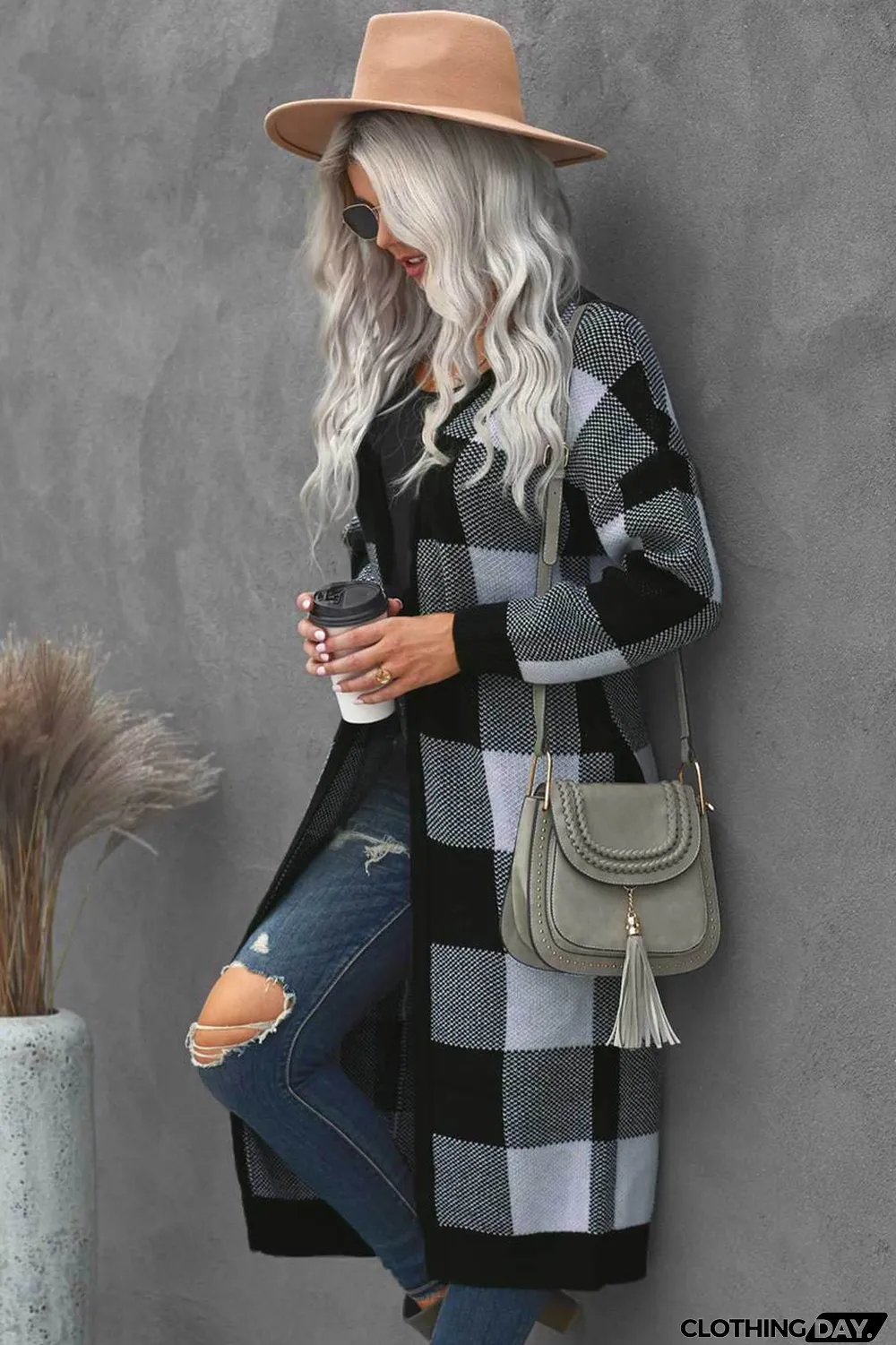 Board Games Pocketed Checkered Cardigan