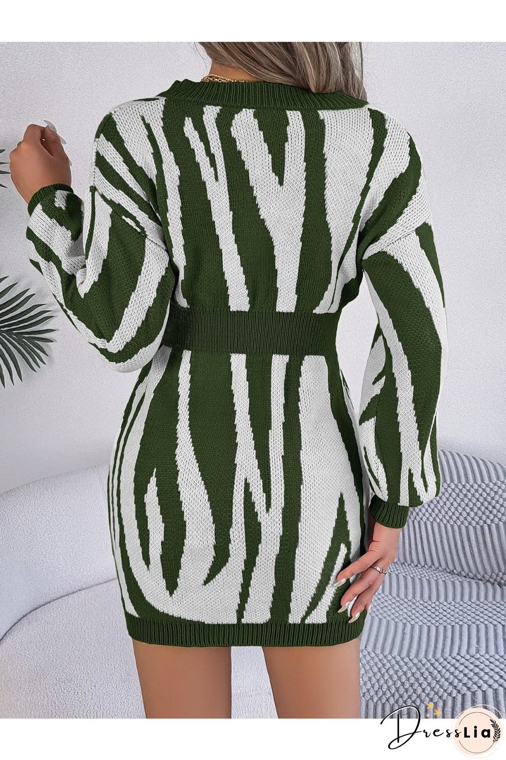 Animal Print V-Neck Long Sleeve Sweater Dress