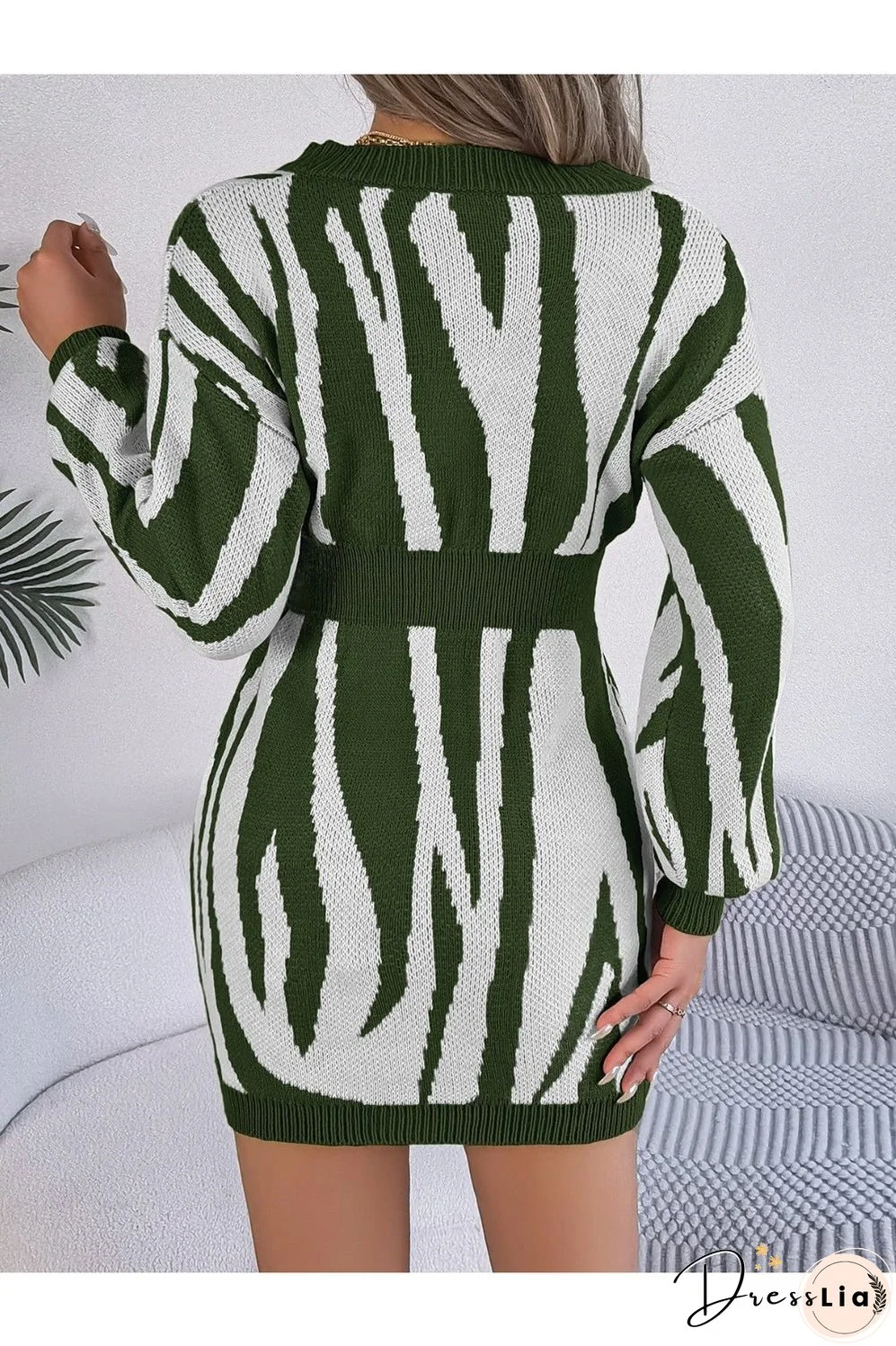 Animal Print V-Neck Long Sleeve Sweater Dress