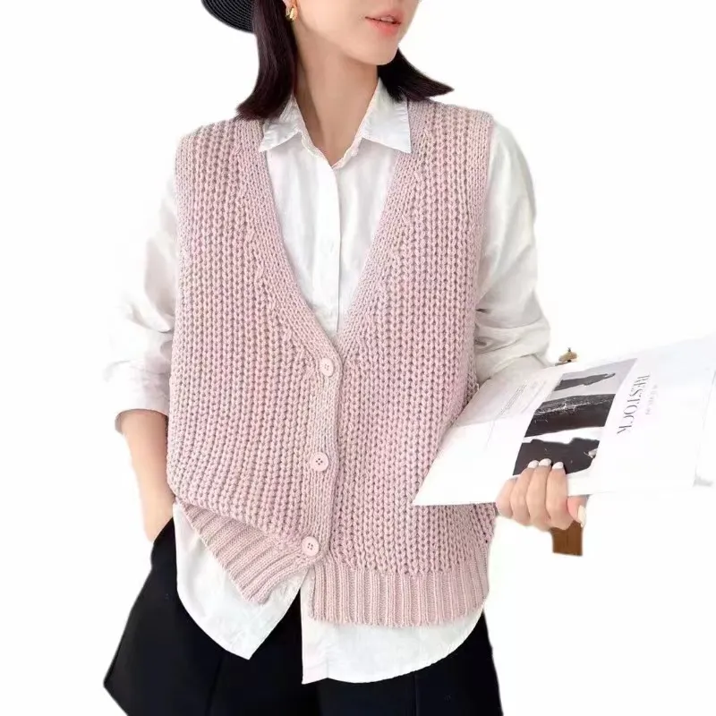 Churchf Churchf Spring 2024 New Solid Color Knit Vest Vest Jacket Loose Versatile Sleeveless Cardigan Sweater Vest Female