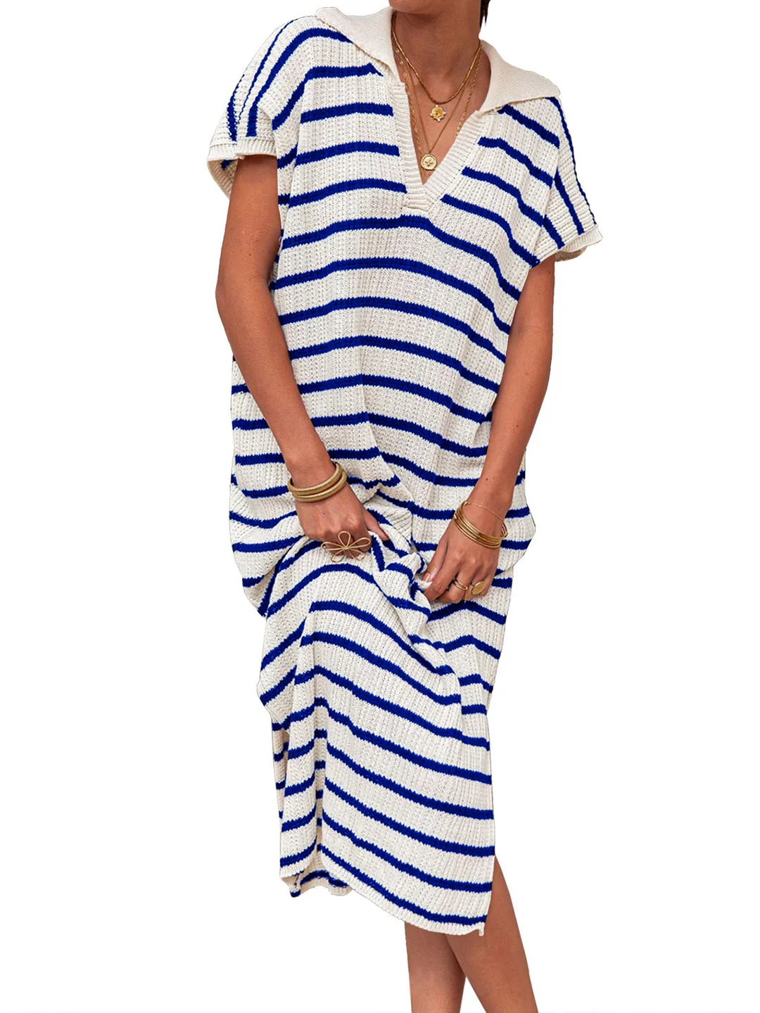 Woherb Woherb Summer Dress Women's V-Neck Stripe Low Slit Lapel Long Sweater Even-Outfit Ideas