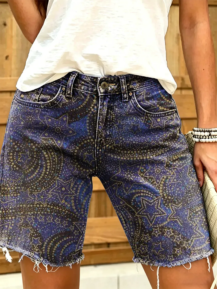 Women's Vintage Floral Print Denim Shorts