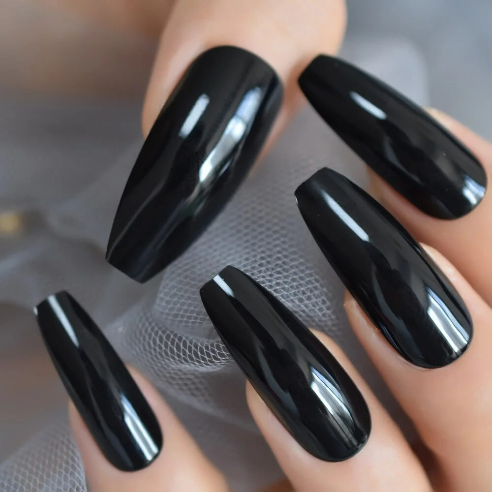 Classic Extra Long Coffin Nails Pure Black Elegant Shiny Ballet Fake Nails Artificial Acrylic Press On Nails Supplying Gelx Nail