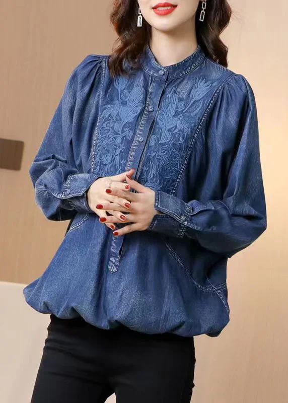 Boutique Blue Stand Collar Embroideried Patchwork Denim Top Fall