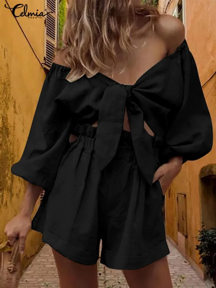 Celmia Fashion 2 Pieces Sets Street Women Sexy Off Shoulder 3/4 Sleeve Crop Tops and Short Pants Sets 2022 Summer Matching Sets