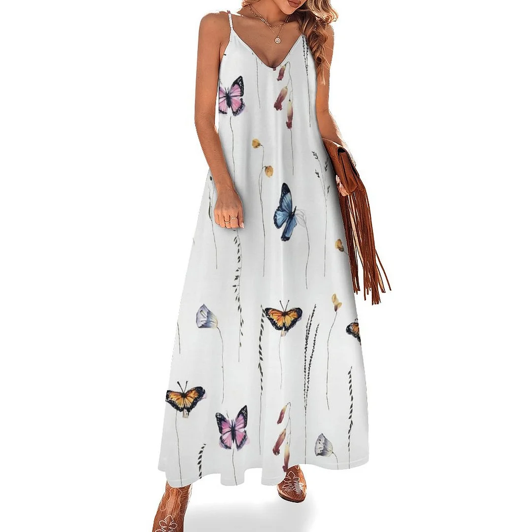 Style & Comfort for Mature Women Plus Size Printed Sling Casual Women Maxi Dress in Pattern Floral, Yellow, Butterfly
