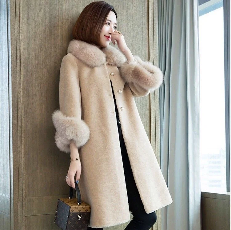 2021 Autumn And Winter Leisure Sheep Shearing Coat Women's Medium And Long Imitation Fox Fur Collar Loose Granular Fur Imitation