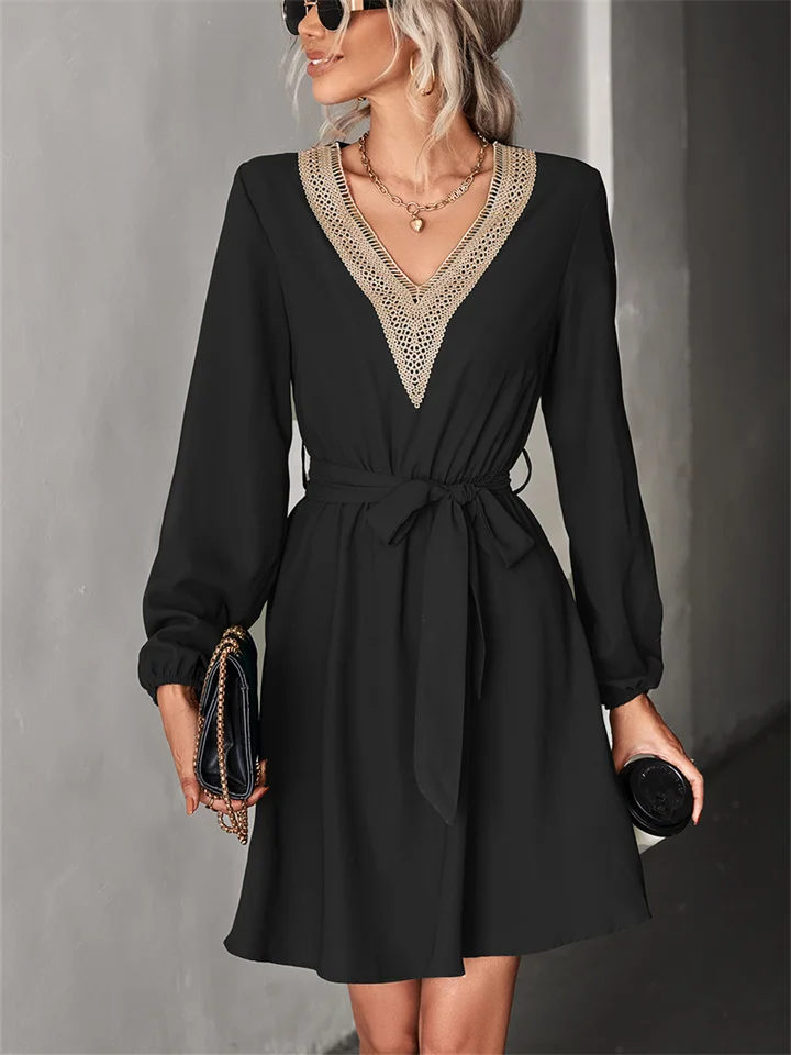 Fashion V-neck Solid Color Long Sleeve Dress-Mixcun