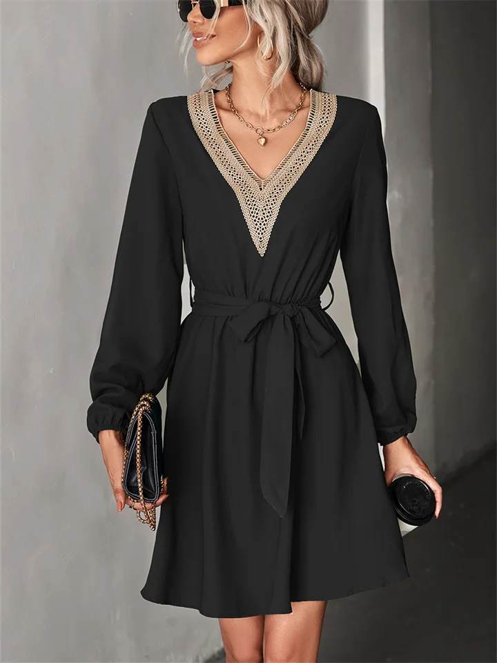 Fashion V-neck Solid Color Long Sleeve Dress-Cosfine