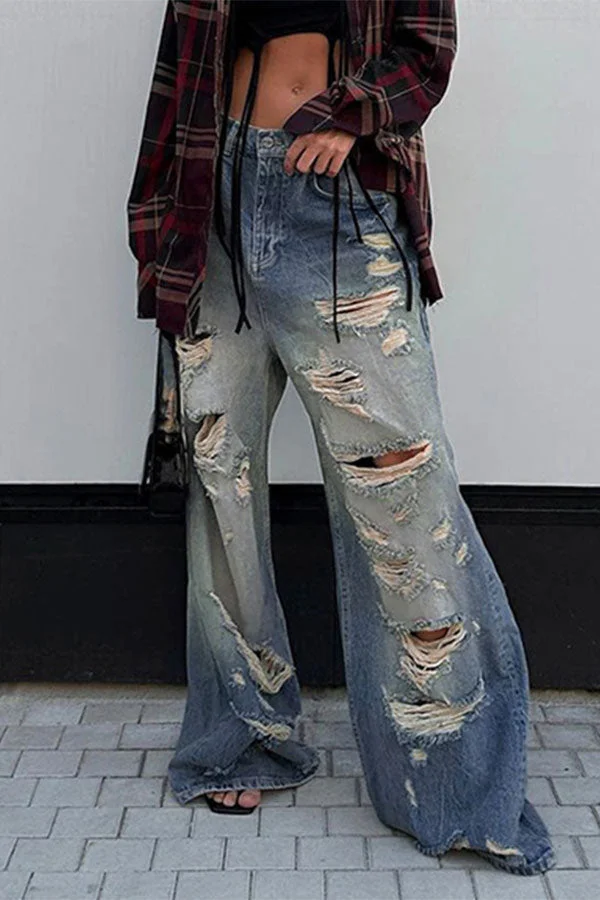 Ripped Burrs On-trend Washed Gradient Jeans