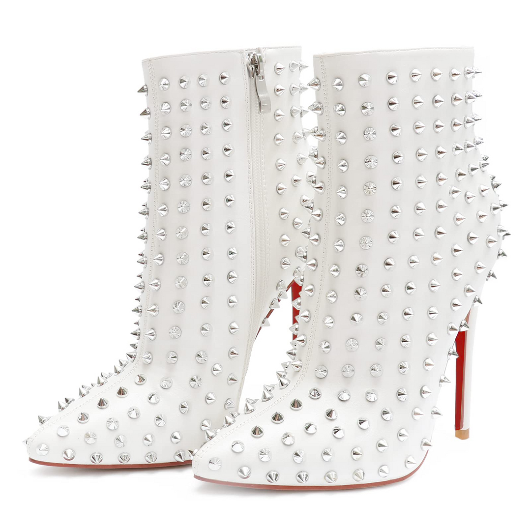 3.94" /4.72" Women's Ankle Boots Red Bottom Shoes Rivet  Closed Pointed Toe Stilettos Booties-MERUMOTE