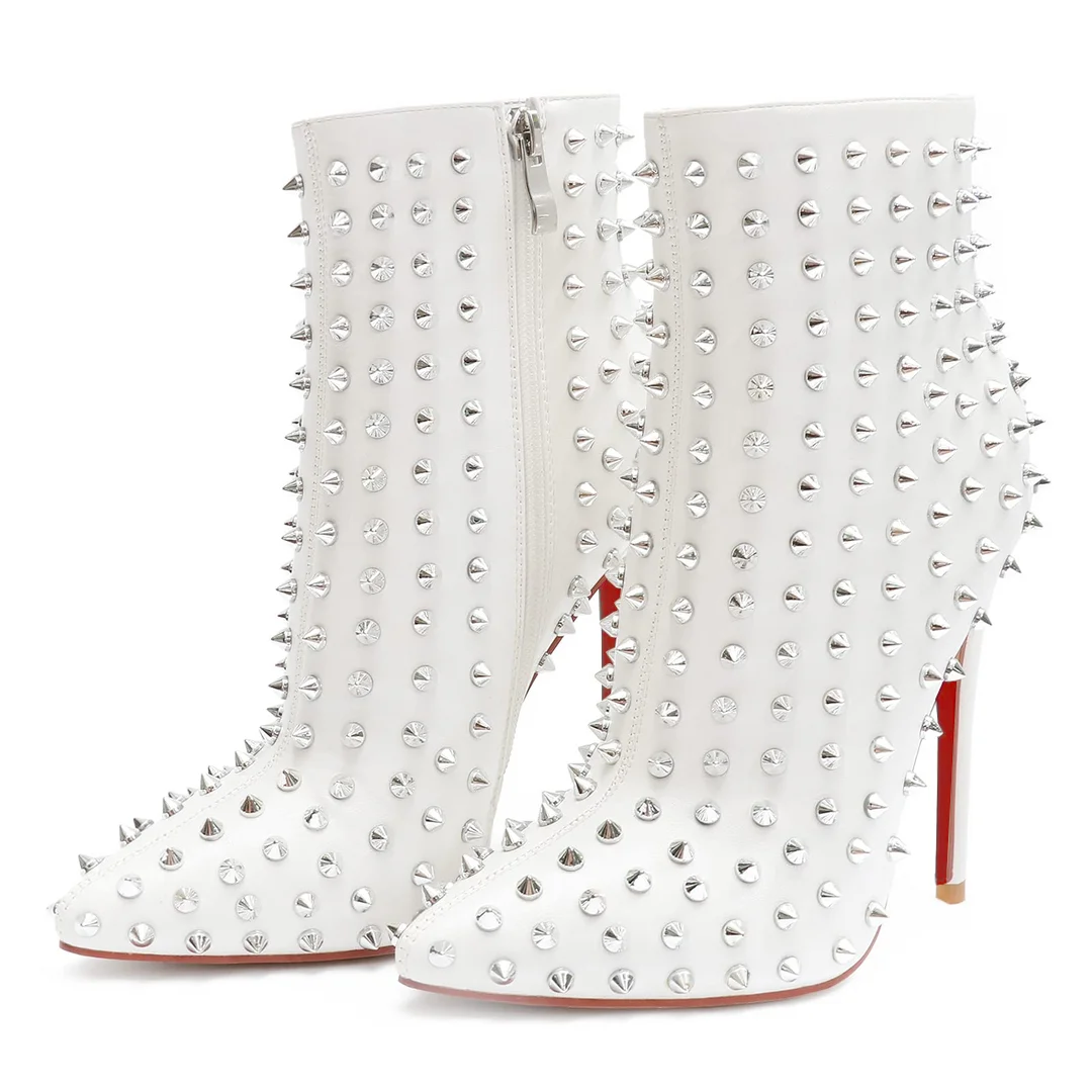 3.94" /4.72" Women's Ankle Boots Red Bottom Shoes Rivet  Closed Pointed Toe Stilettos Booties-MERUMOTE