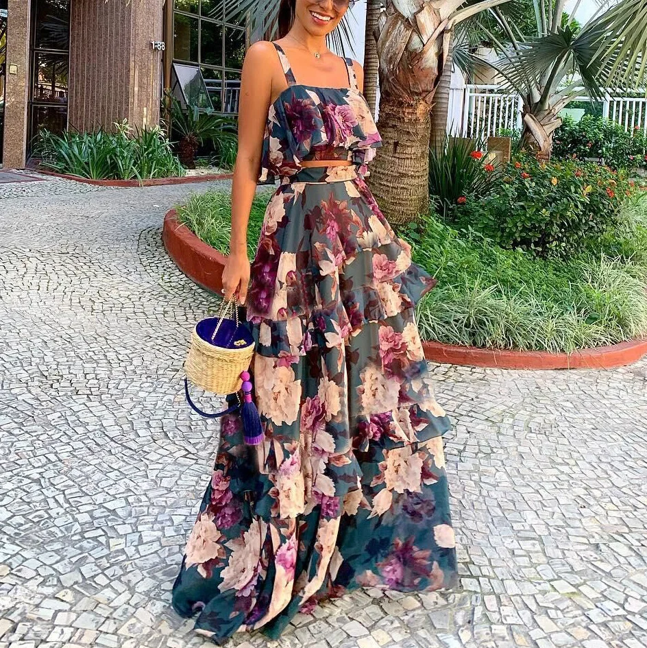 Toloer Toloer Spot 2024 Women's Fashion Holiday Wind Strap Top Print Flounce Skirt Two-Piece Set-Outfit Ideas