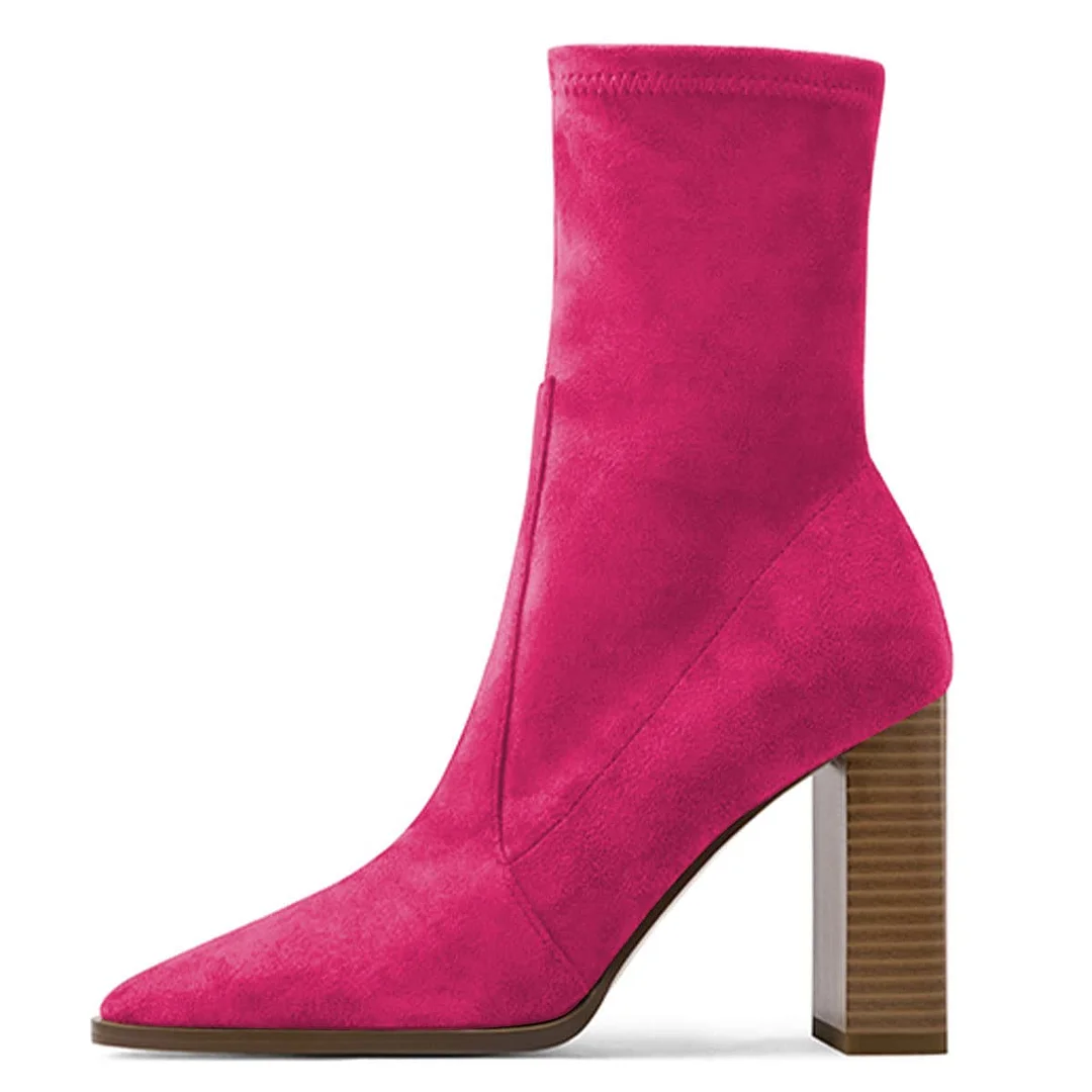 Fuchsia Faux Suede Square Toe Block Heeled Comfy Ankle Boots