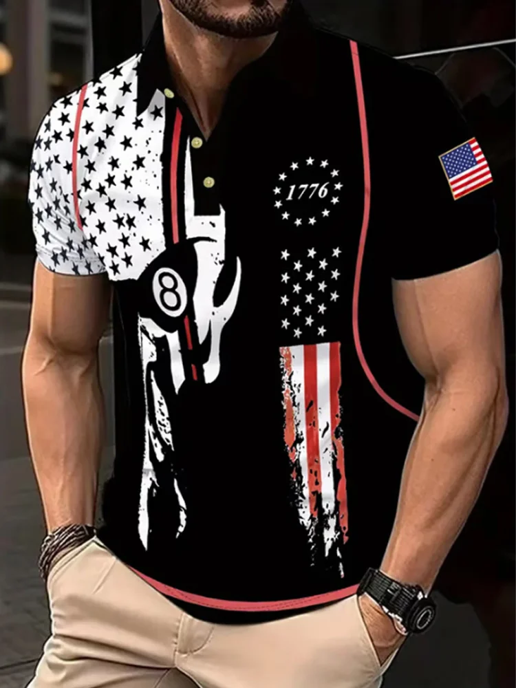 Men's American Flag Skull Print Casual Polo Shirt