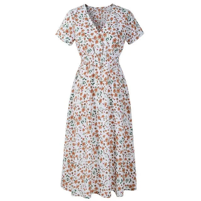 Womens Casual Dress V-neck Slim Floral Dress