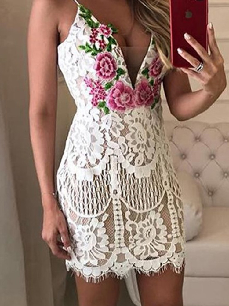 Embroidered Lace Crochet Sexy Sleeveless V-neck Party Dresses