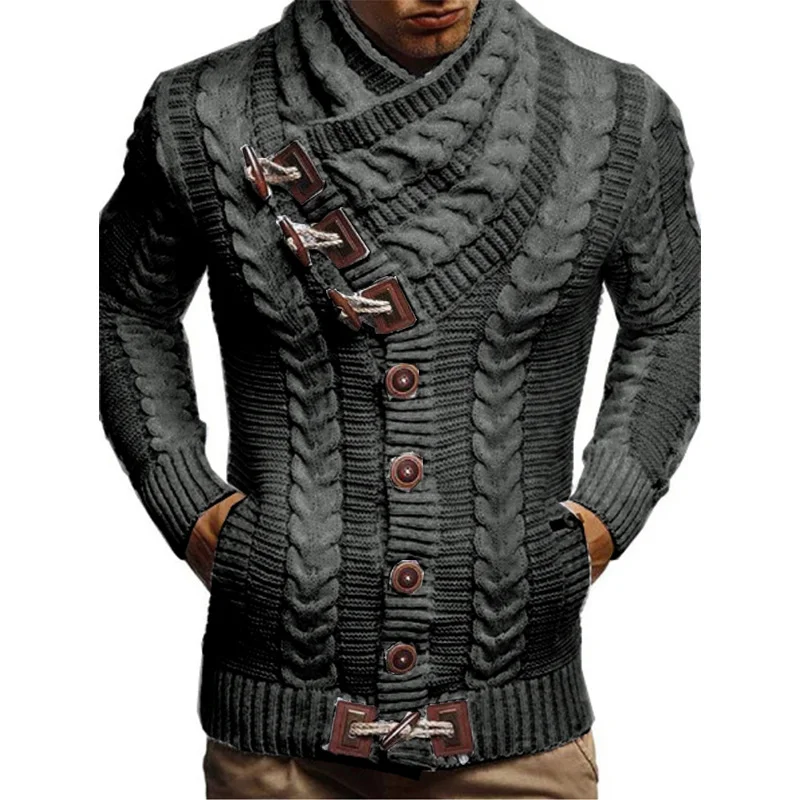 Wongn Wongn Men's Turtleneck Button Horn Buckle Knit Fashion Cardigan Men's Sweater