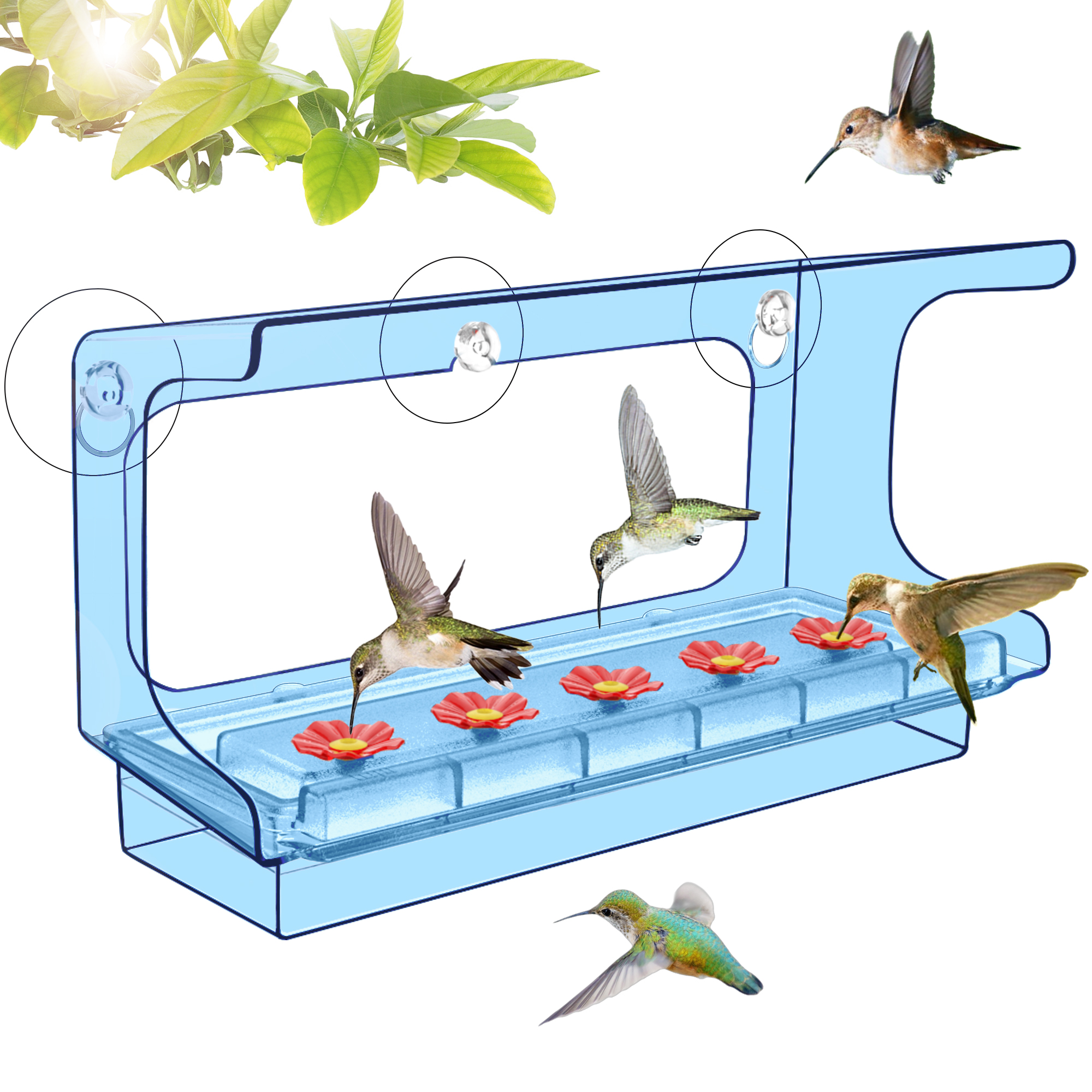 LUJII All One Piece Window Hummingbird Feeder with 5 Strongest Suction Cups, 20 fl.oz Hummer Feeder for Outside, Removable Lift-up Nectar Tray with 5 Feeding Ports, Gift for Gardening Women (Blue)