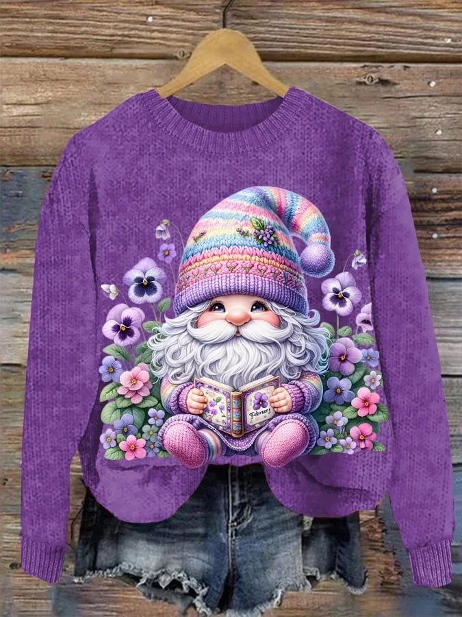 Women's Alzheimer Purple Floral Gnome Sweater