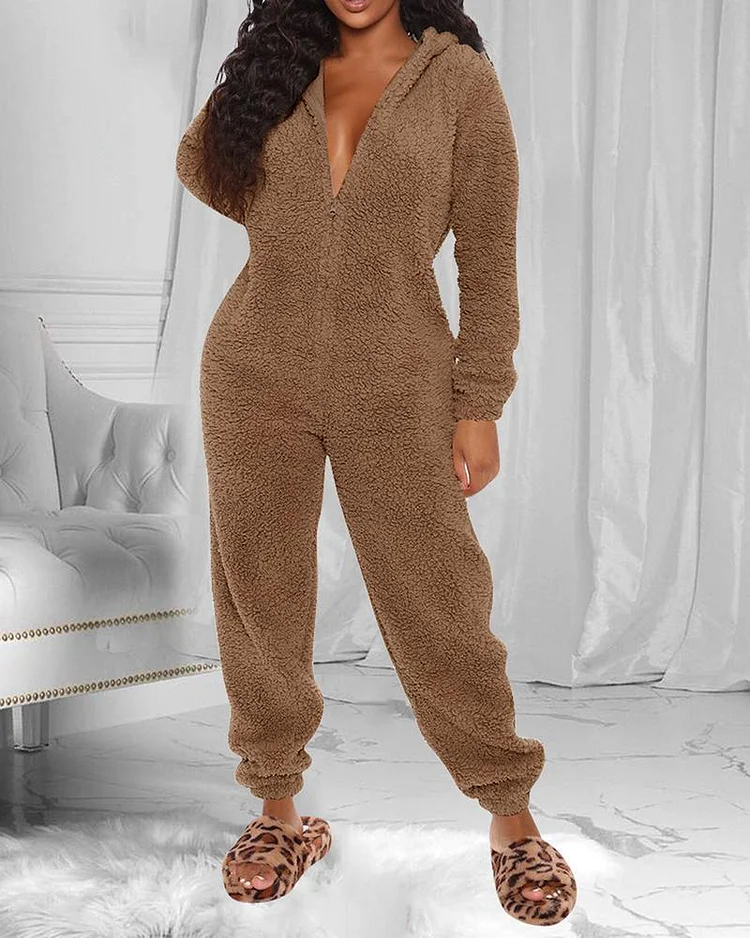 Plush Ear Hooded Home Service Jumpsuit