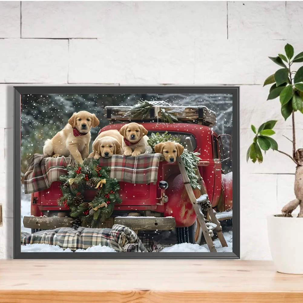 Diamond Painting - Full Round Drill - Xmas Car Dogs(Canvas|40*30cm)