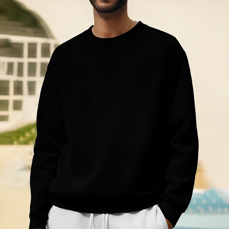 Solid Color Black Men's Casual Printed Long Sleeved Round Neck Sweatshirt
