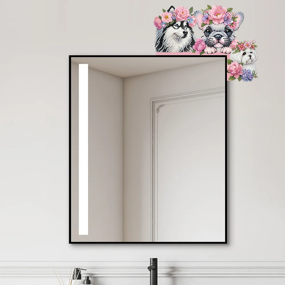 Dog Flowers 5D DIY Wooden Diamond Painting Door Topper for Party (Right)