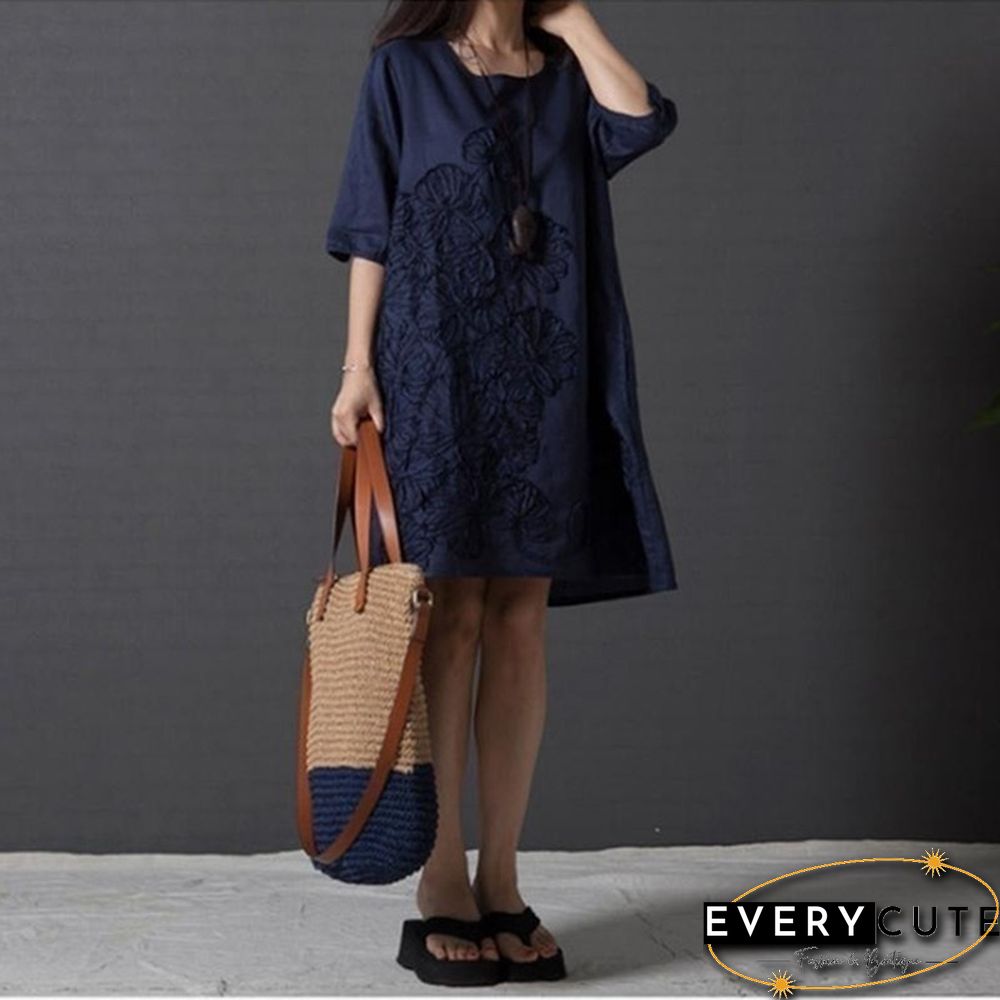 Women Fashion Summer Style T -shirt Loose Cotton Embroidered Casual Dress Plus Size Ladies Linen Dress
