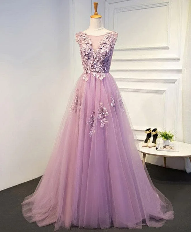 Pink Round Neck Lace Tulle Long Prom Dress, Evening Dress SP15765