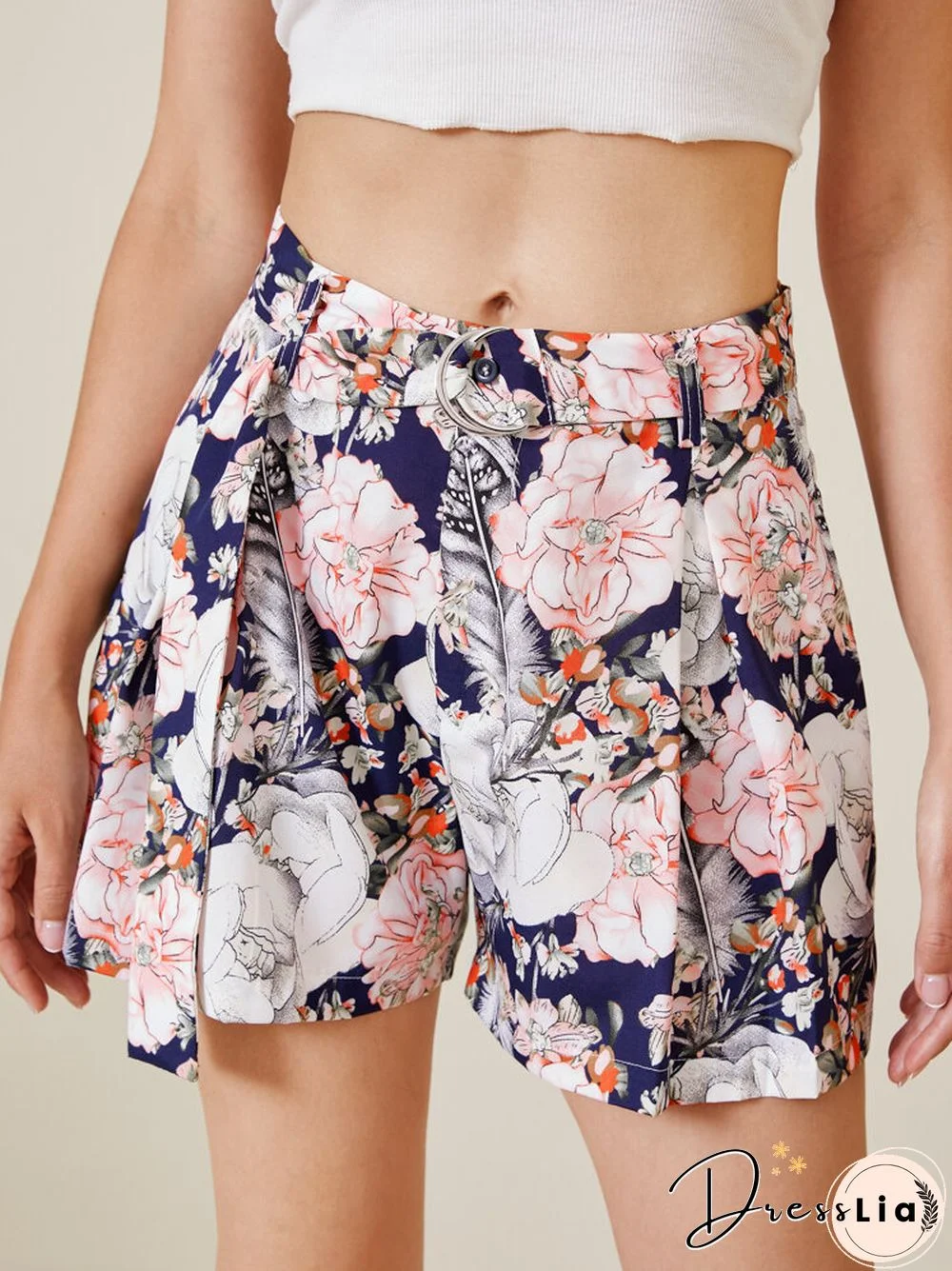 Flower Print Belt Pocket Wide Leg Shorts For Women