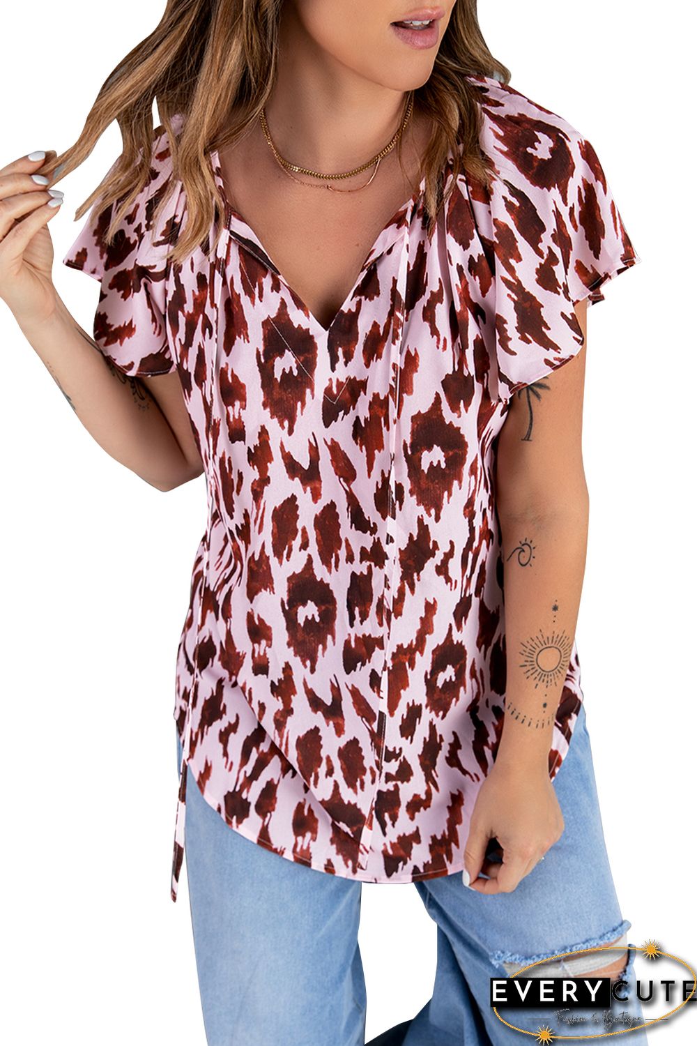 Leopard Print Flounce Drawstring Short Sleeve T-shirt
